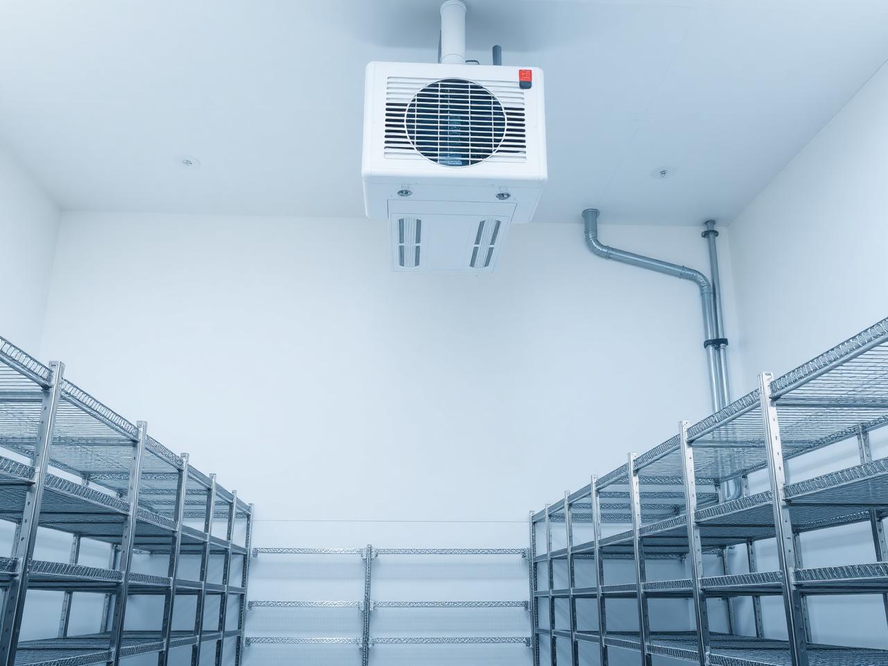 Interior of a commercial cold room with ceiling evaporator unit and stainless steel shelving