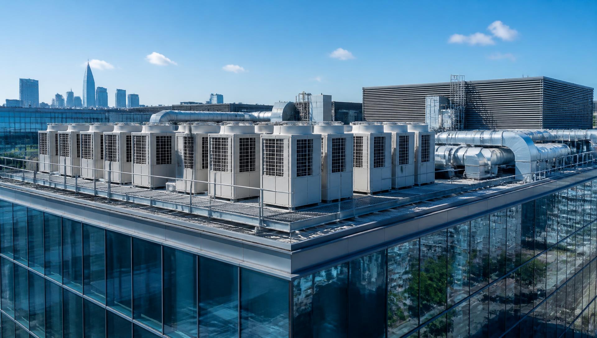 Commercial rooftop HVAC plant with VRF condenser units on a modern office building