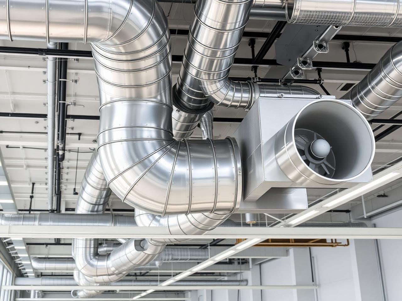 Galvanised ventilation ducting and inline exhaust blower on a commercial ceiling